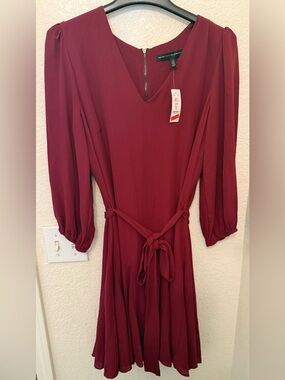 White House Black Market Wine Red Long Sleeve V-Neck Midi Dress with Tie Waist